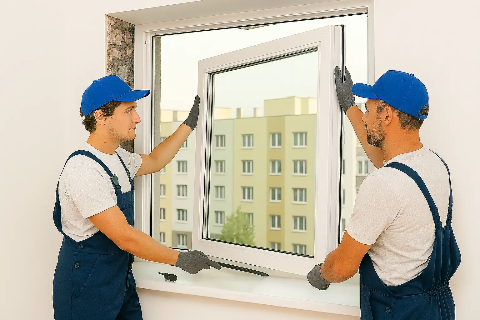 Handwerker beim Einbau einer Balkontür